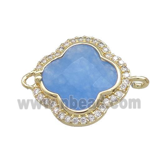 Jade Clover Connector Pave Zircon Blue Dye Gold Plated