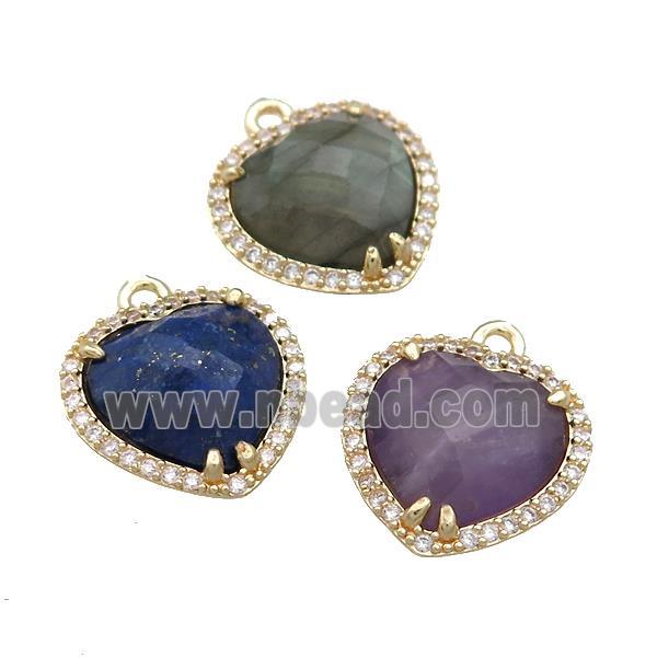Mixed Gemstone Heart Pendant Pave Zircon Gold Plated