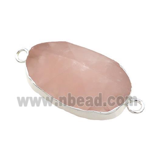 Pink Rose Quartz Oval Connector Pointed Silver Plated