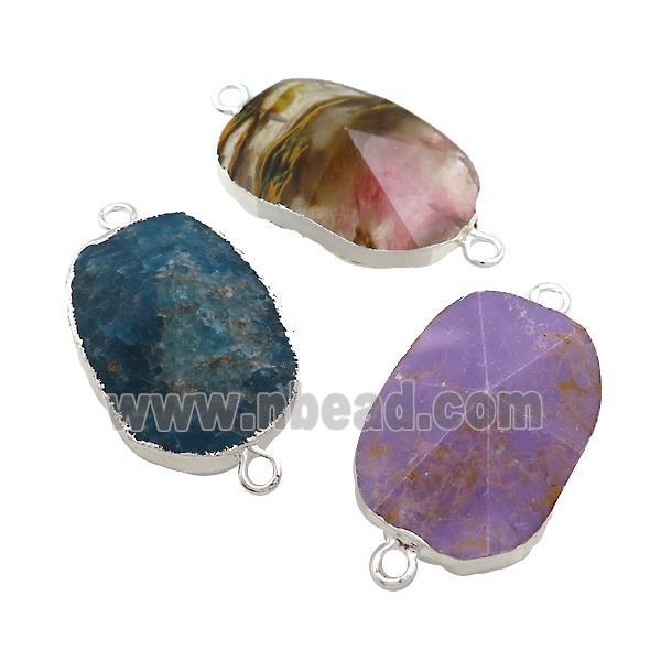 Mix Gemstone Oval Connector Pointed Silver Plated