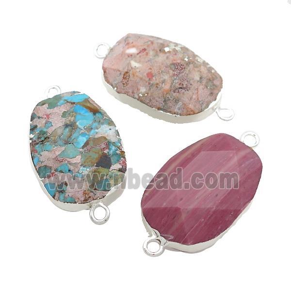 Mixed Gemstone Oval Connector Faceted Silver Plated