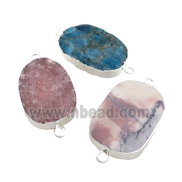 Mixed Gemstone Oval Connector Flat Silver Plated