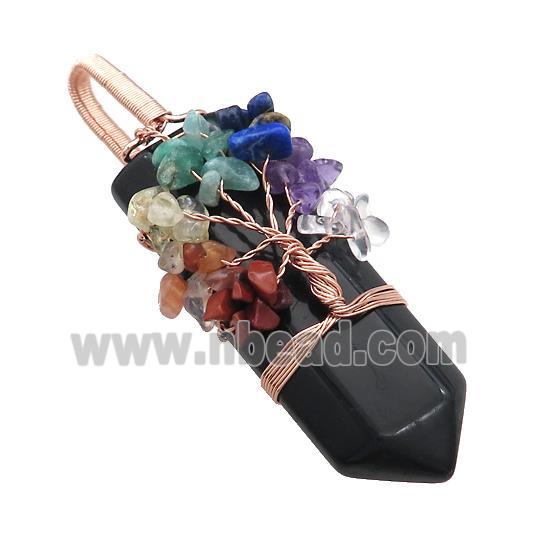 Black Obsidian Bullet Pendant With Chakra Gemstone Chips Tree Of Life Wire Wrapped Rose Gold