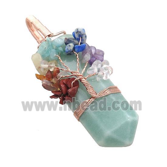 Green Aventurine Bullet Pendant With Chakra Gemstone Chips Tree Of Life Wire Wrapped Rose Gold