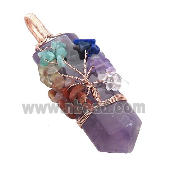 Natural Purple Amethyst Bullet Pendant With Chakra Gemstone Chips Tree Of Life Wire Wrapped Rose Gol
