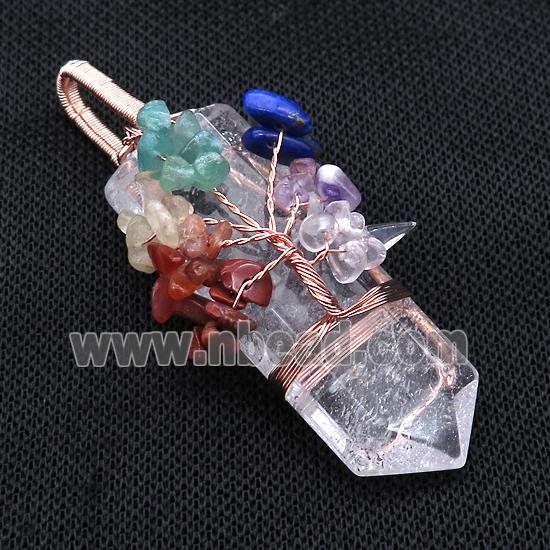 Natural Clear Quartz Bullet Pendant With Chakra Gemstone Chips Tree Of Life Wire Wrapped Rose Gold