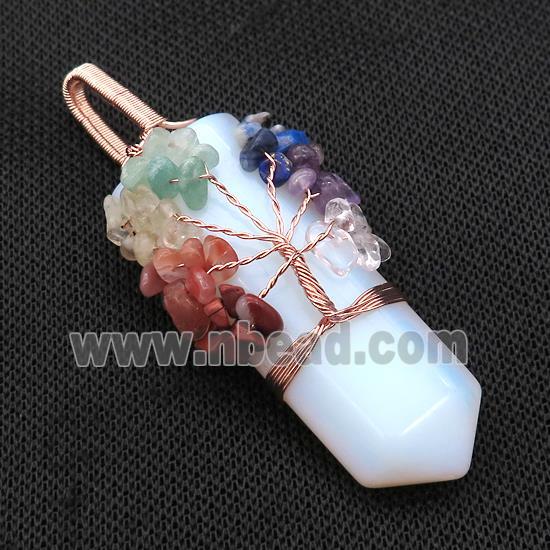 White Opalite Bullet Pendant With Chakra Gemstone Chips Tree Of Life Wire Wrapped Rose Gold
