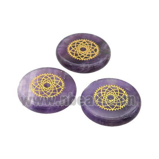 Natural Purple Amethyst Coin Beads Undrilled Yoga Chakra Element Symbols
