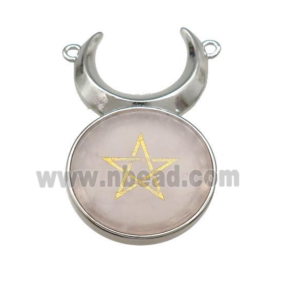 Pink Rose Quartz Coin Star Symbols Alloy Moon Pendant Platinum Plated