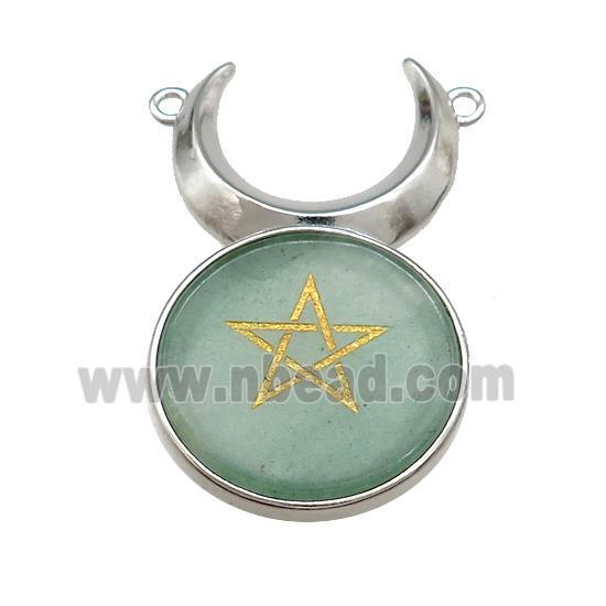 Green Aventurine Coin Star Symbols Alloy Moon Pendant Platinum Plated