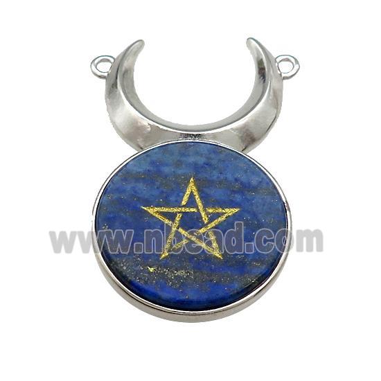 Natural Lapis Lazuli Coin Star Symbols Alloy Moon Pendant Platinum Plated