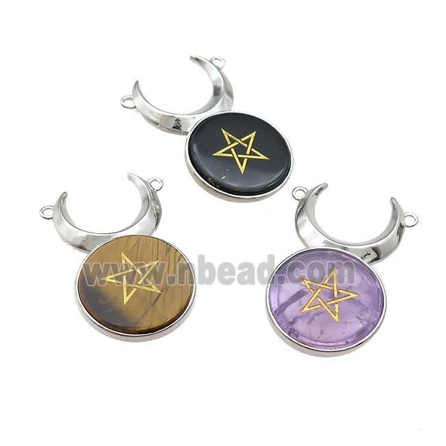 Mix Gemstone Coin Star Symbols Chakra Alloy Moon Pendant Platinum Plated