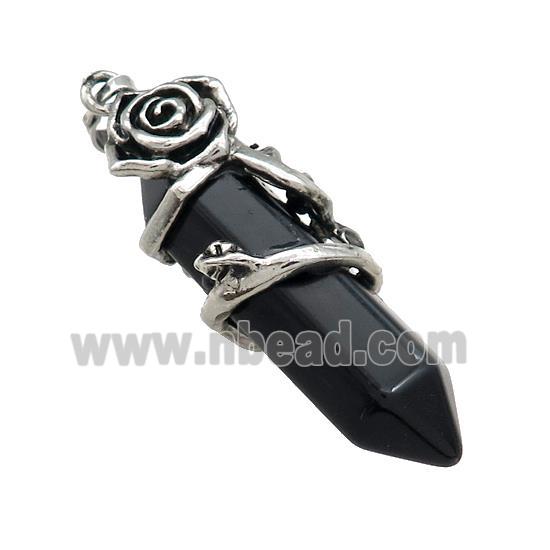 Black Obsidian Prism Pendant Point Alloy Flower Wrapped