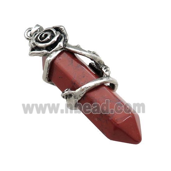 Natural Red Jasper Prism Pendant Alloy Flower Wrapped