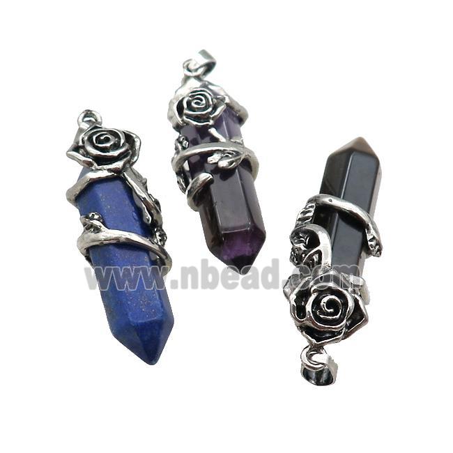 Natural Gemstone Prism Pendant Alloy Flower Wrapped Mixed Bullet