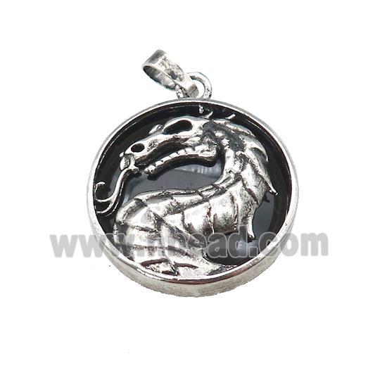 Alloy Zinc Dragon Pendant With Black Obsidian Antique Silver