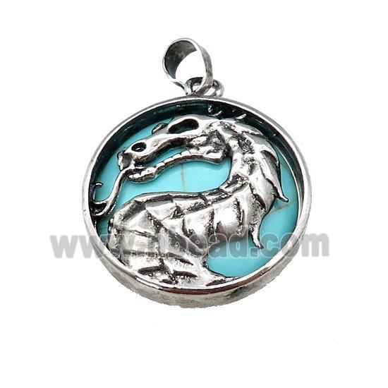 Alloy Zinc Dragon Pendant With Synthetic Turquoise Antique Silver