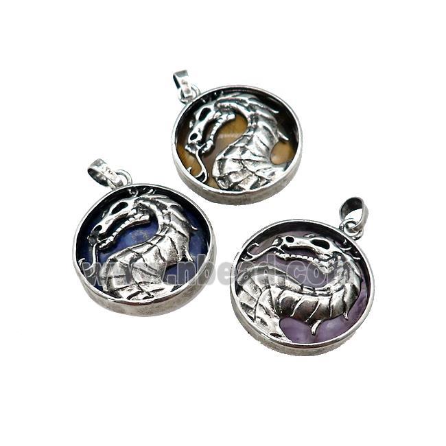 Alloy Zinc Dragon Pendant With Gemstone Antique Silver Mixed