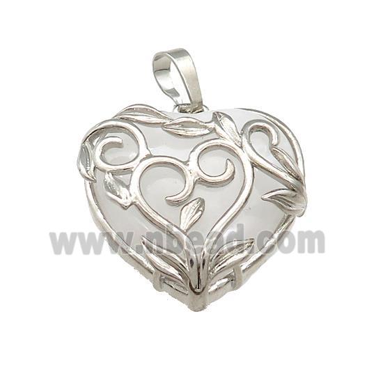 Natural Clear Quartz Heart Pendant Alloy Flower Wrapped Platinum Plated