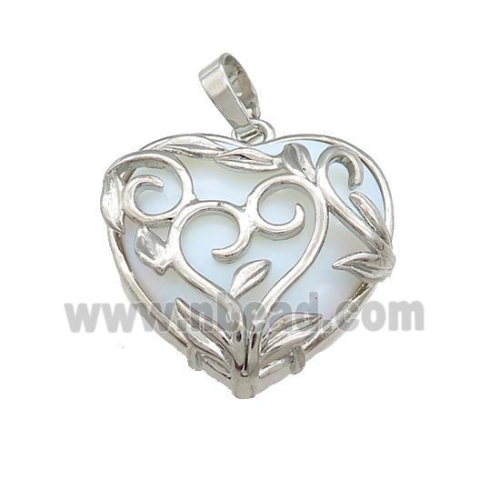 White Opalite Heart Pendant Alloy Flower Wrapped Platinum Plated