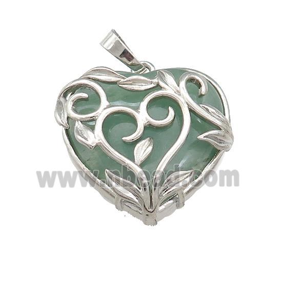 Natural Green Aventurine Heart Pendant Alloy Flower Wrapped Platinum Plated