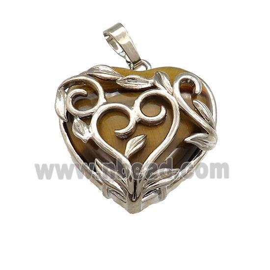 Natural Tiger Eye Stone Heart Pendant Alloy Flower Wrapped Platinum Plated