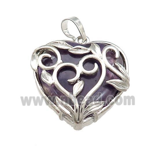 Natural Purple Amethyst Heart Pendant Alloy Flower Wrapped Platinum Plated