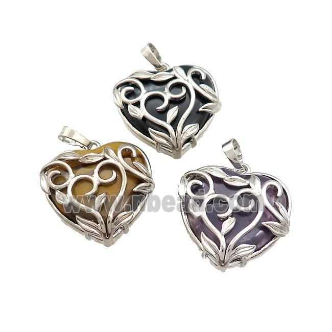 Natural Gemstone Heart Pendant Alloy Flower Wrapped Platinum Plated Mixed