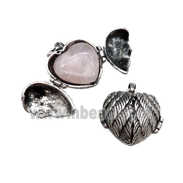 Zinc Alloy Heart Wish Box Locket With Rose Quartz Antique Silver