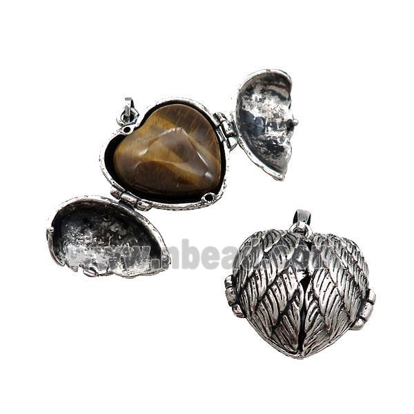 Zinc Alloy Heart Wish Box Locket With Tiger Eye Stone Antique Silver