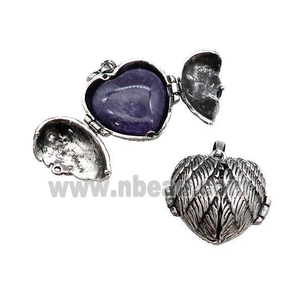 Zinc Alloy Heart Wish Box Locket With Purple Amethyst Antique Silver