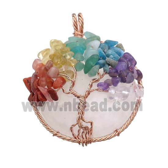 Natural Clear Quartz Coin Pendant With Chakra Gemstone Tree Of Life Wire Wrapped Rose Gold