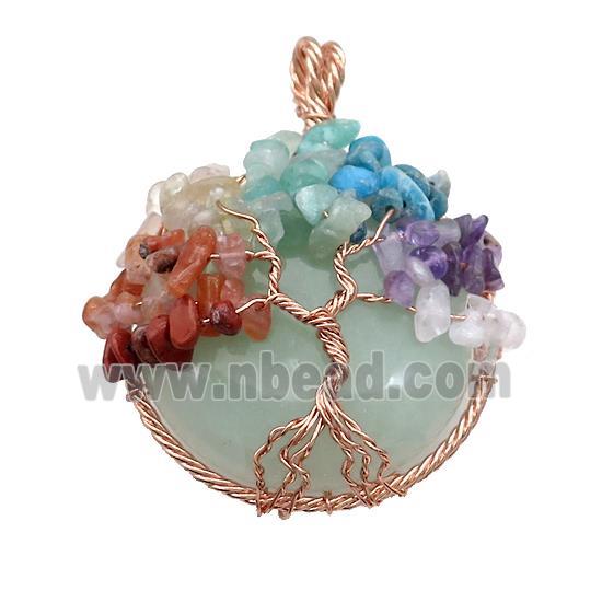 Natural Green Aventurine Coin Pendant With Chakra Gemstone Tree Of Life Wire Wrapped Rose Gold
