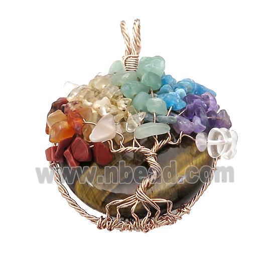 Natural Tiger Eye Stone Coin Pendant With Chakra Gemstone Tree Of Life Wire Wrapped Rose Gold