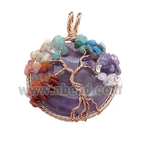 Natural Purple Amethyst Coin Pendant With Chakra Gemstone Tree Of Life Wire Wrapped Rose Gold