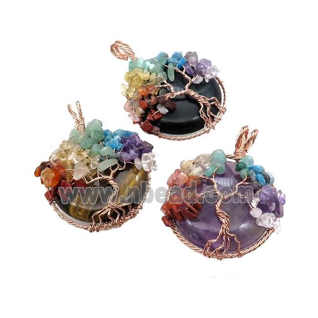 Natural Gemstone Coin Pendant With Chakra Gemstone Tree Of Life Wire Wrapped Rose Gold Mixed