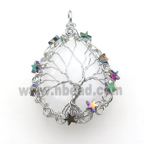 Natural Clear Quartz Teardrop Pendant With Tree Of Life Wire Wrapped Platinum Plated