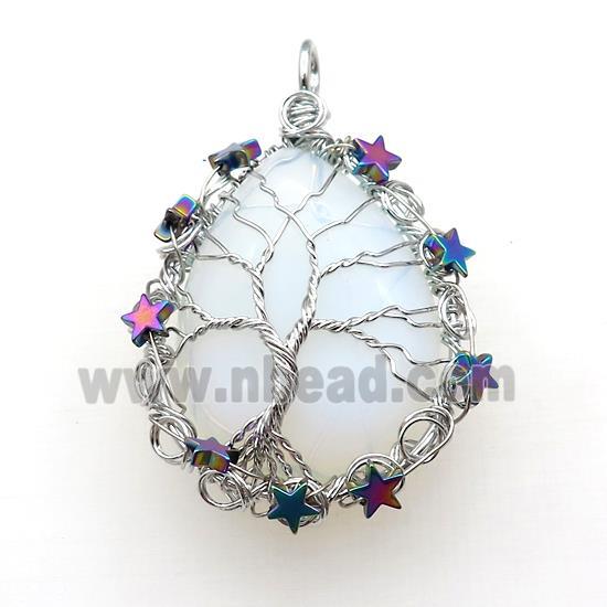 White Opalite Teardrop Pendant With Tree Of Life Wire Wrapped Platinum Plated