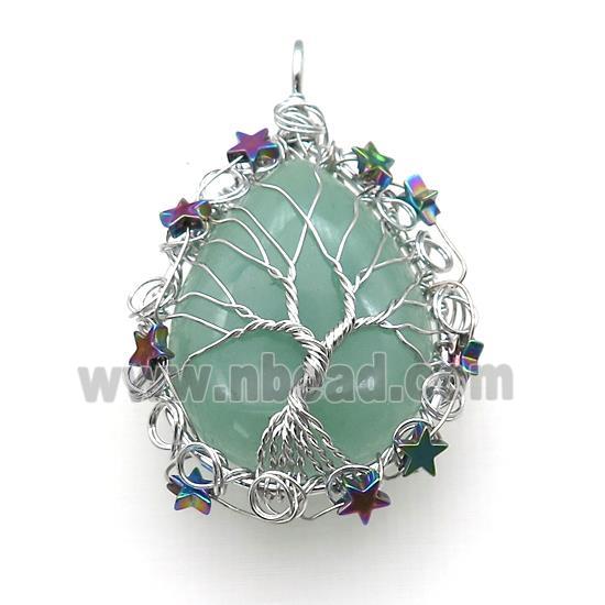 Natural Green Aventurine Teardrop Pendant With Tree Of Life Wire Wrapped Platinum Plated
