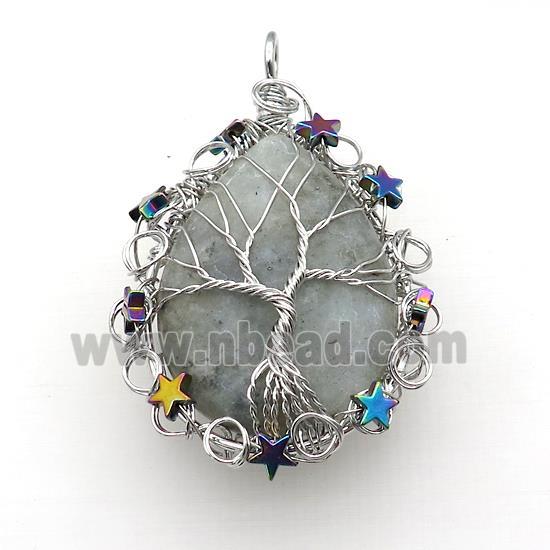 Natural Labradorite Teardrop Pendant With Tree Of Life Wire Wrapped Platinum Plated