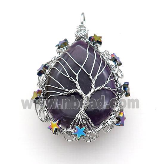 Natural Amethyst Teardrop Pendant With Tree Of Life Wire Wrapped Platinum Plated