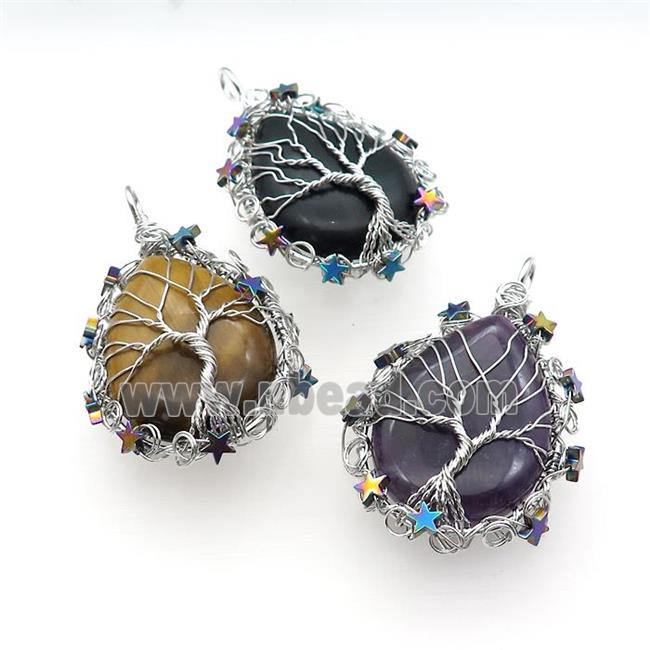 Natural Gemstone Teardrop Pendant With Tree Of Life Wire Wrapped Platinum Plated Mixed