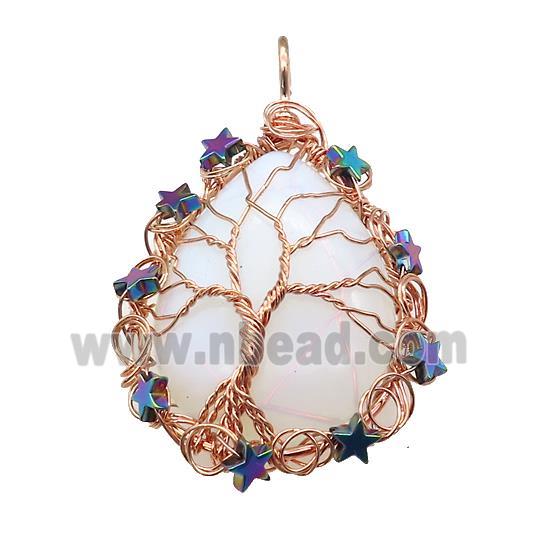 White Opalite Teardrop Pendant With Tree Of Life Wire Wrapped Rose Gold