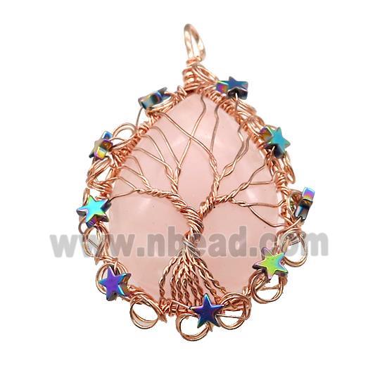 Natural Pink Rose Quartz Teardrop Pendant With Tree Of Life Wire Wrapped Rose Gold