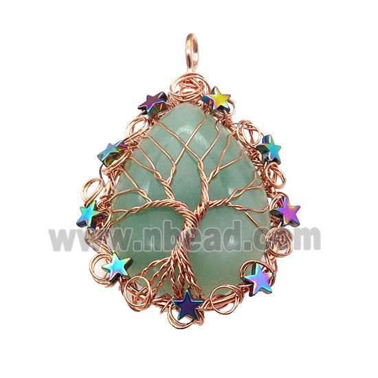 Natural Green Aventurine Teardrop Pendant With Tree Of Life Wire Wrapped Rose Gold