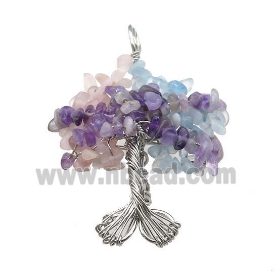 Natural Gemstone Chakra Pendant Tree Of Life Copper Wire Wrapped Platinum Plated