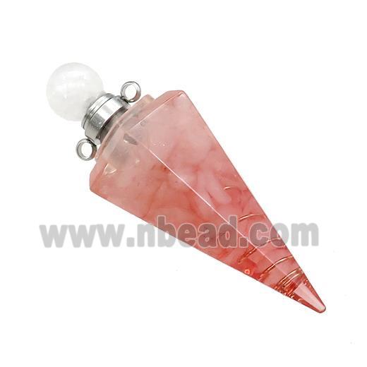 Pink Rose Quartz Chips Perfume Bottle Pendant Resin Cone Platinum Plated