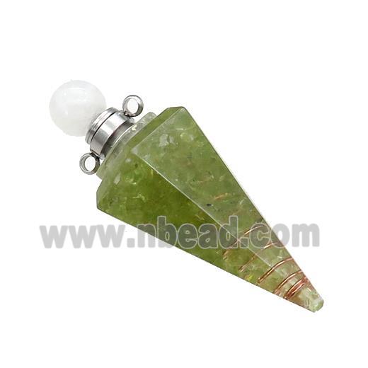 Green Peridot Chips Perfume Bottle Pendant Resin Cone Platinum Plated