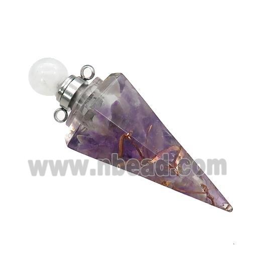 Natural Purple Amethyst Chips Perfume Bottle Pendant Resin Cone Platinum Plated