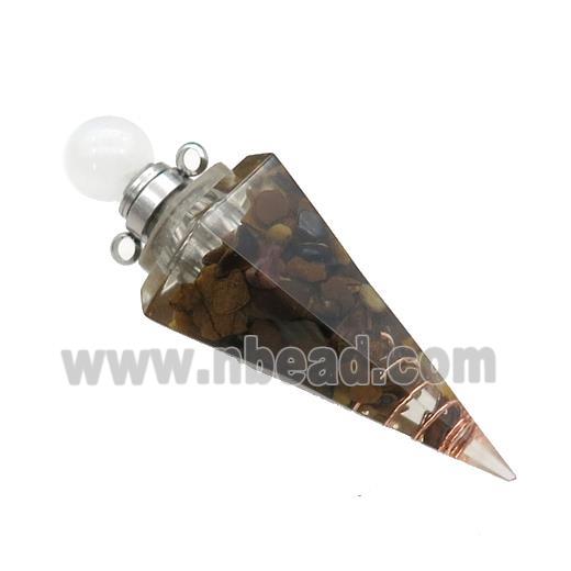 Natural Tiger Eye Stone Chips Perfume Bottle Pendant Resin Cone Platinum Plated